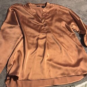 Tahari Tan Oversized Blouse with Mandarin Collar